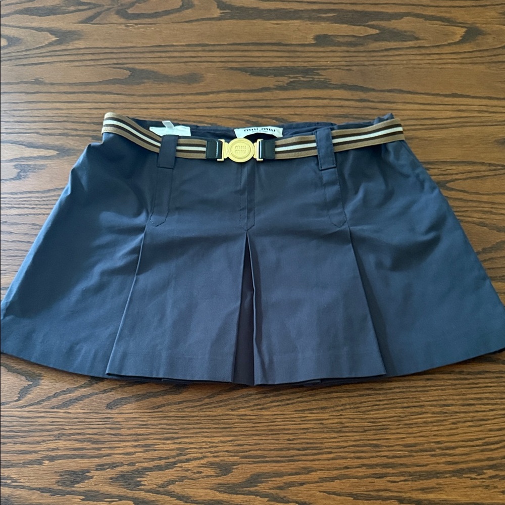 Miu Miu Pleated Blue Mini Skirt with Striped Belt